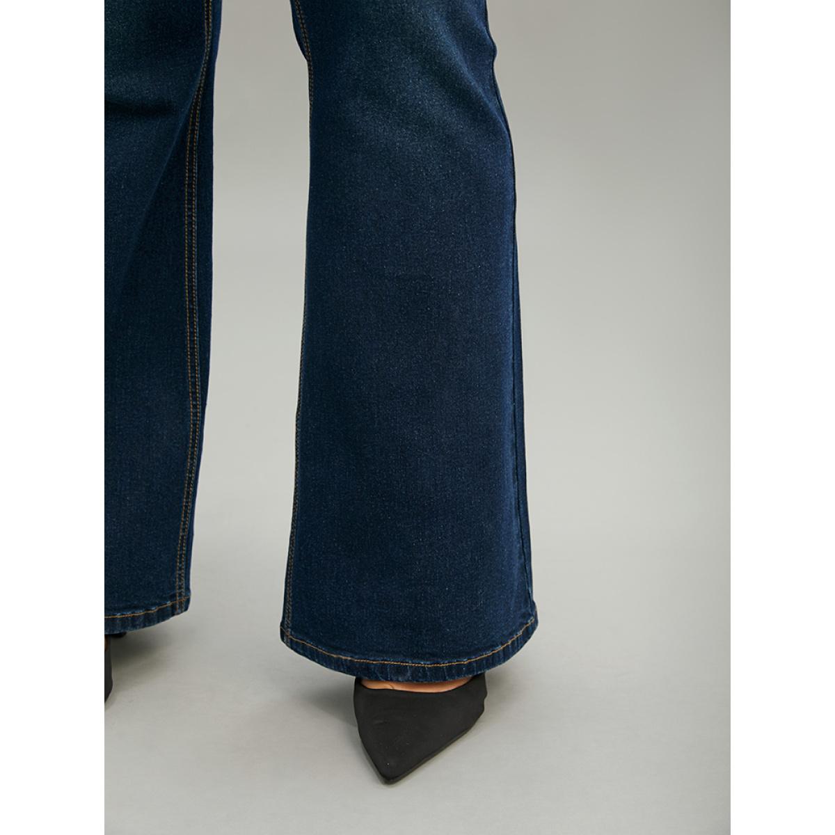 Plus Size Plain Flare Leg High Rise Full Length Jeans Women Indigo Casual Plain Non High stretch Slanted pocket Jeans BloomChic 16/1X Product Image