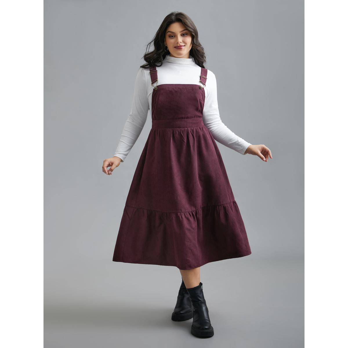 Plus Size Overall Adjustable Straps Tiered Midi Dress Eggplant Women Casual Gathered Non Sleeveless Curvy BloomChic 28/5X Product Image
