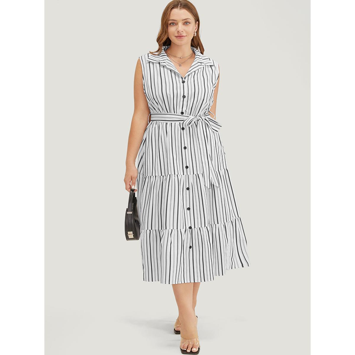 Plus Size Striped Print Pocket Button Detail Belt Sleeveless Dress Ivory Women Office Belted Shirt collar Sleeveless Curvy Midi Dress BloomChic 14-16/1X Product Image