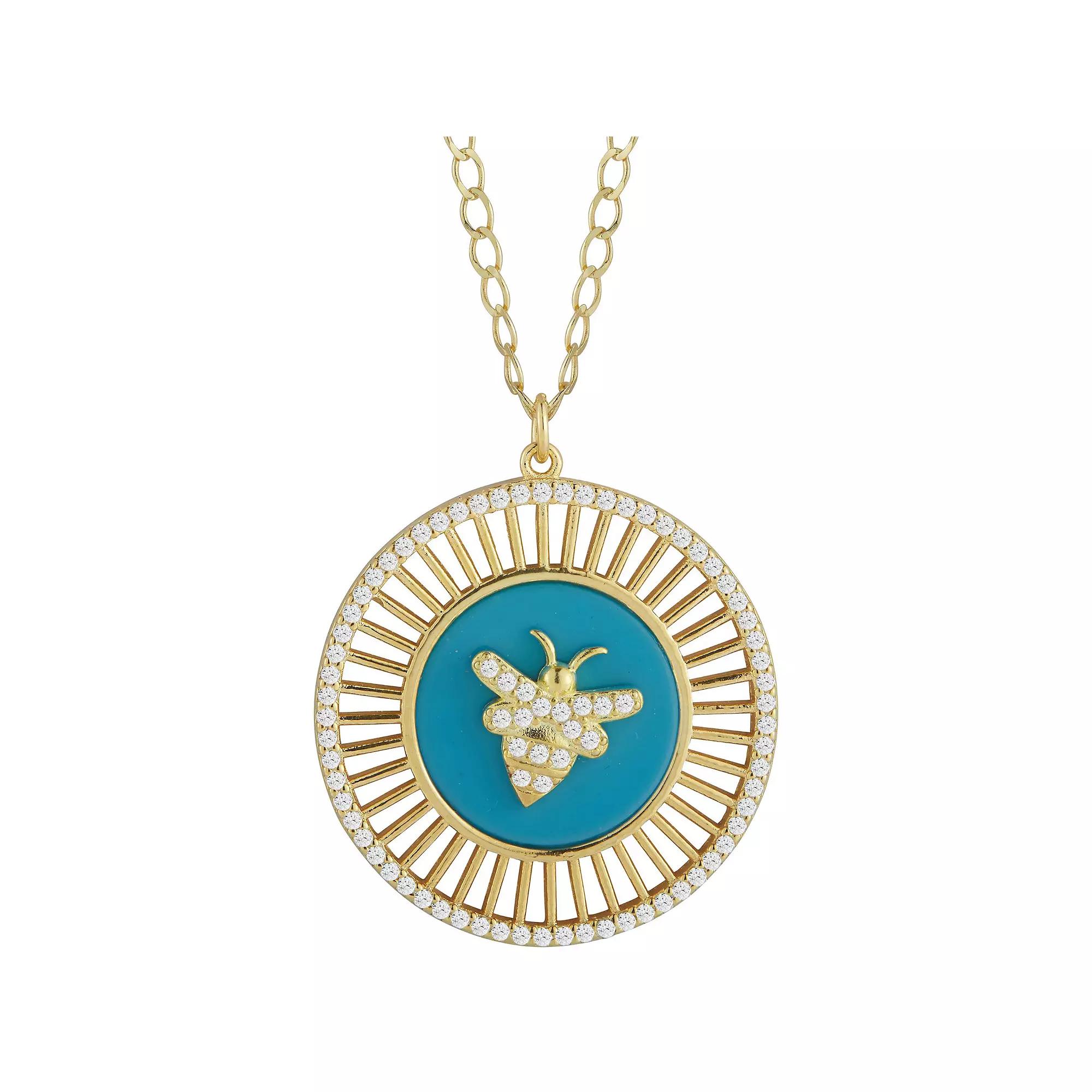 Sunkissed Sterling Cubic Zirconia Bee Medallion Necklace, Women's, Size: 18", Gold Tone Green Product Image