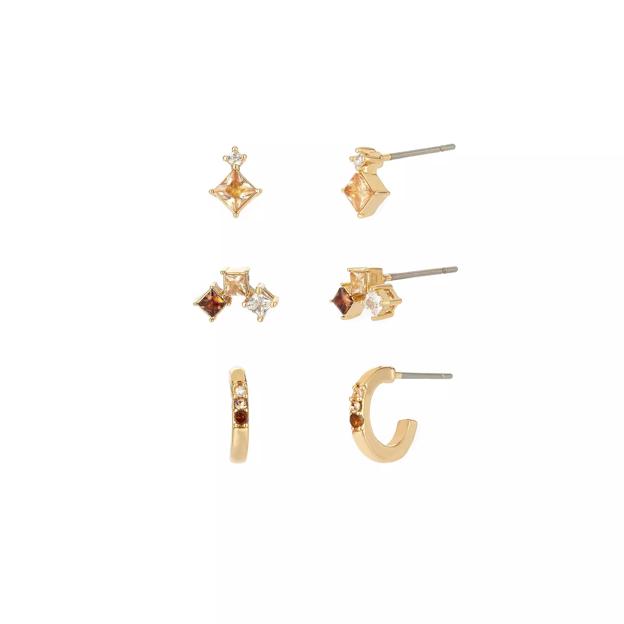 Power of Color Yellow Cubic Zirconia Multi Stud & Hoop Earring Trio Set, Womens, Gold Tone Yellow Product Image