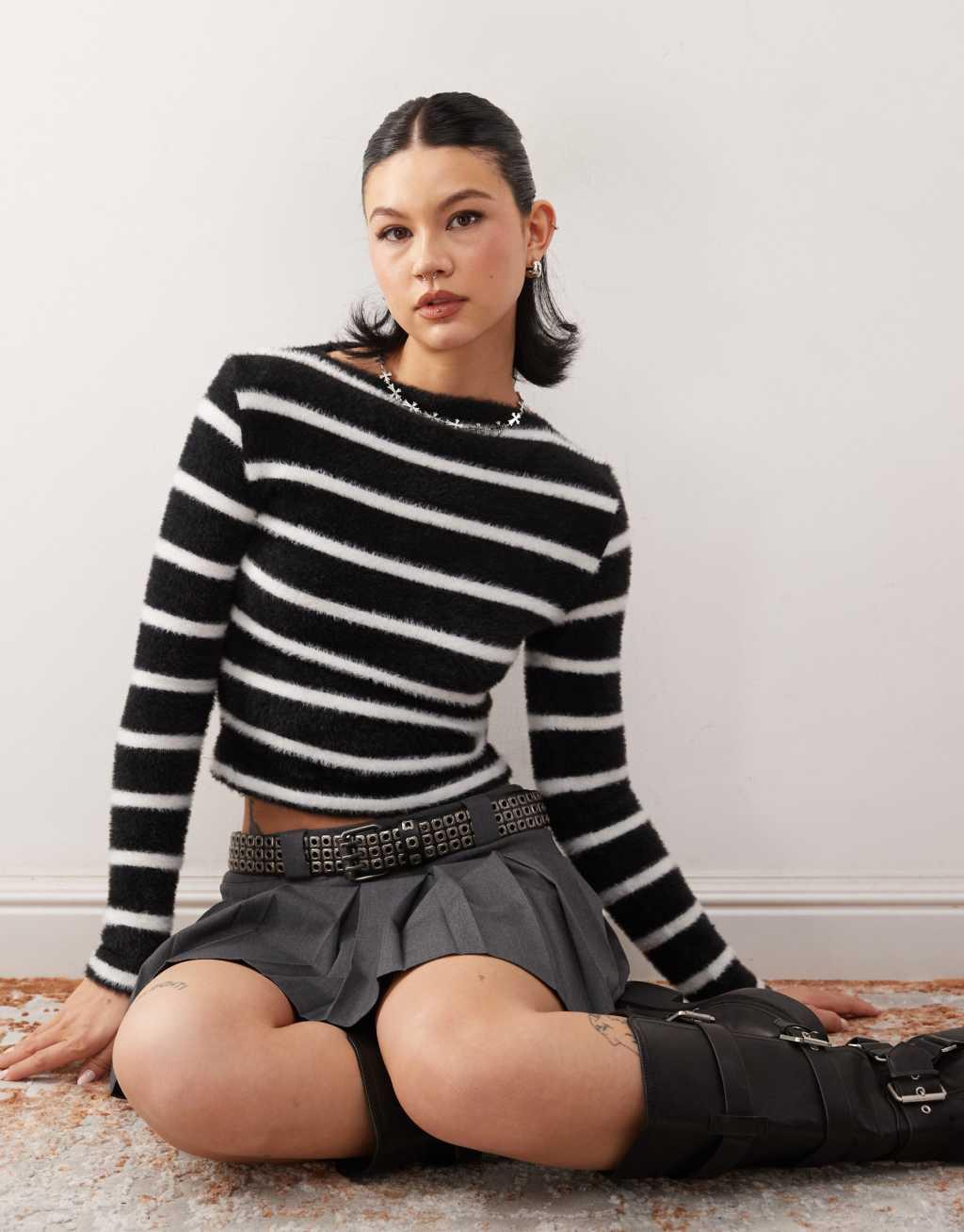 COLLUSION slash neck fluffy monochrome stripe fitted sweater Product Image