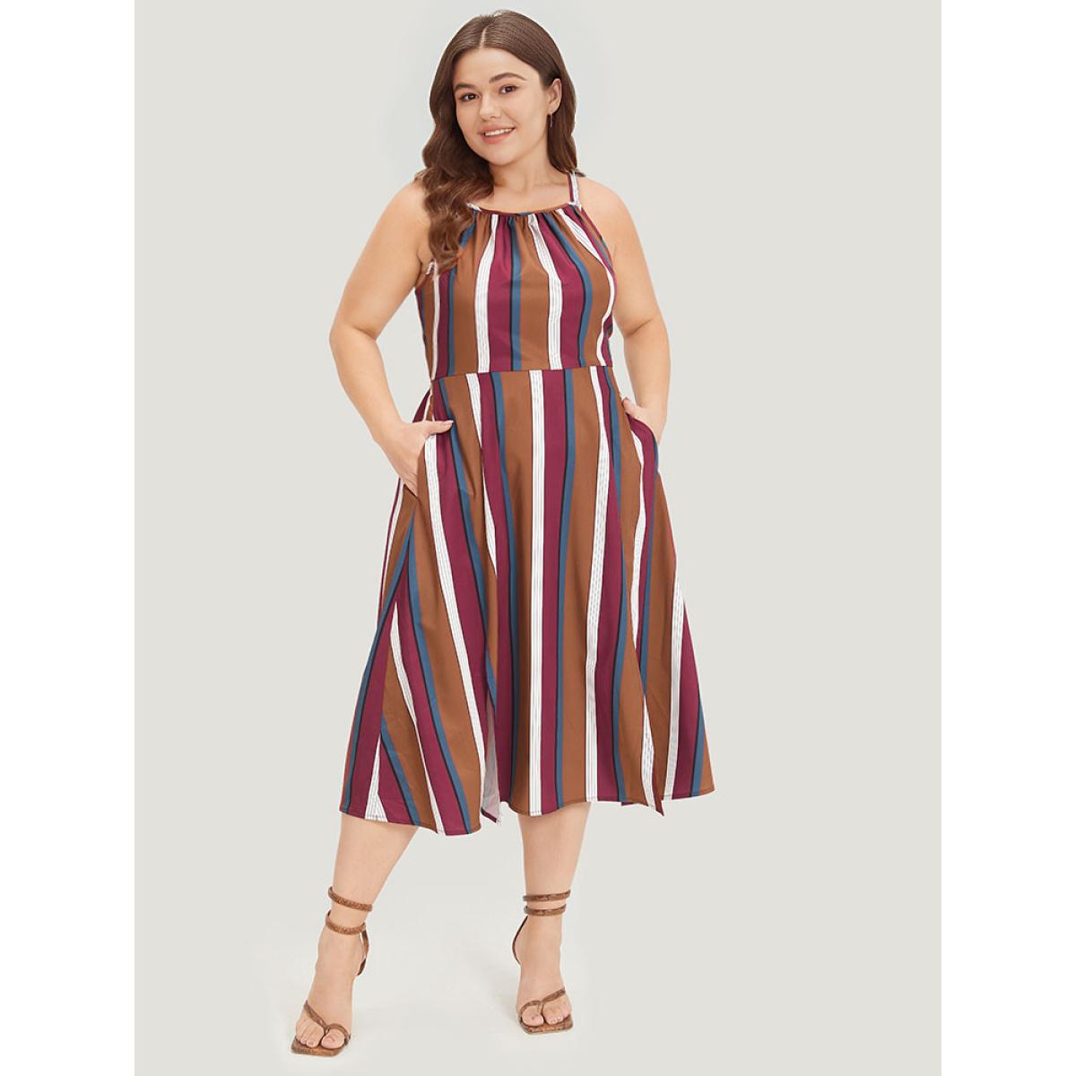 Plus Size Striped Bowknot Cut Out Split Hem Gathered Cami Dress Multicolor Women Elegant Knotted Spaghetti Strap Sleeveless Curvy Midi Dress BloomChic 30/6X Product Image