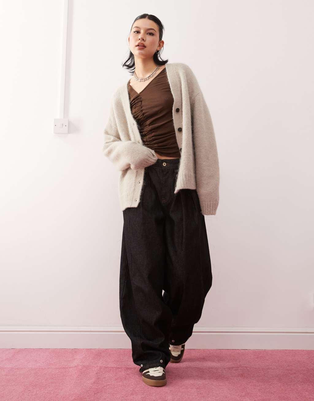 Weekday Emira fluffy knit slouchy cardigan in beige melange Product Image