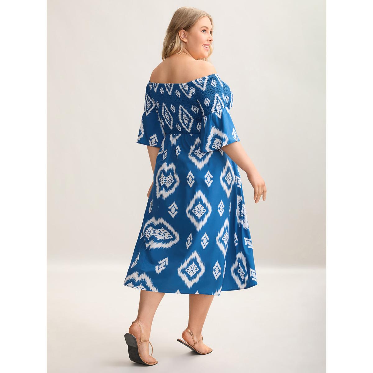 Plus Size Bandana Print Off-Shoulder Pockets Midi Dress Aegean Women Resort Shirred One-shoulder neck Elbow-length sleeve Curvy BloomChic 18-20/2X Product Image