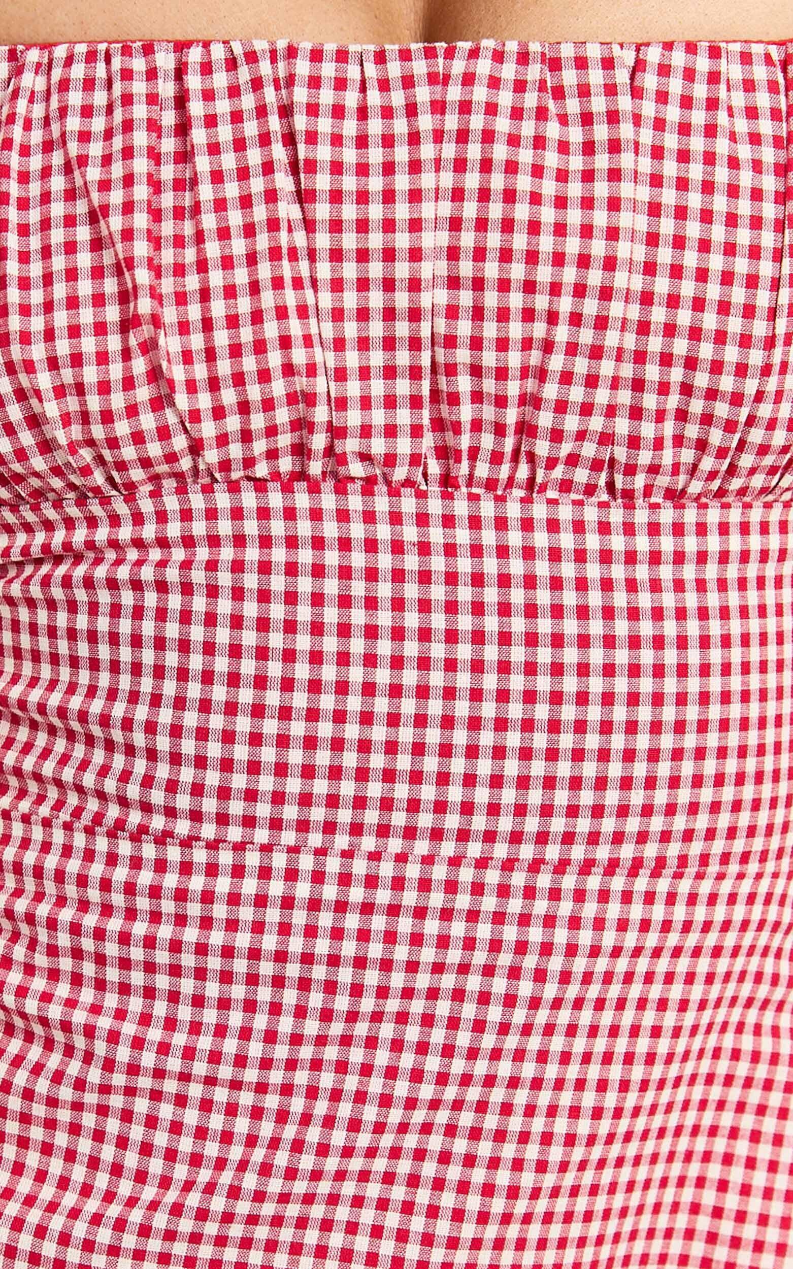 Ginny Mini Dress - Square Neck Ruched Bodice Puff Sleeve Straight Dress in Red Gingham Product Image