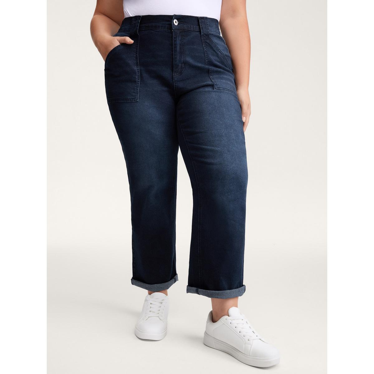 Plus Size Supersoft Front Pockets Straight-Leg Mid-Rise Jeans Women Darkindigo Leisure Cut-Out High stretch Slanted pocket Jeans BloomChic 28/5X Product Image