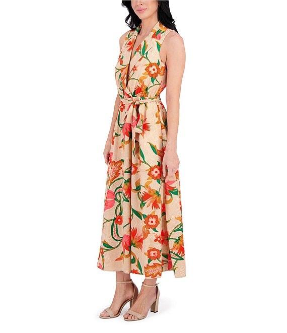 Kensie Notch Collar Sleeveless Tie Waist Floral Print Woven Midi Shirt Dress Product Image