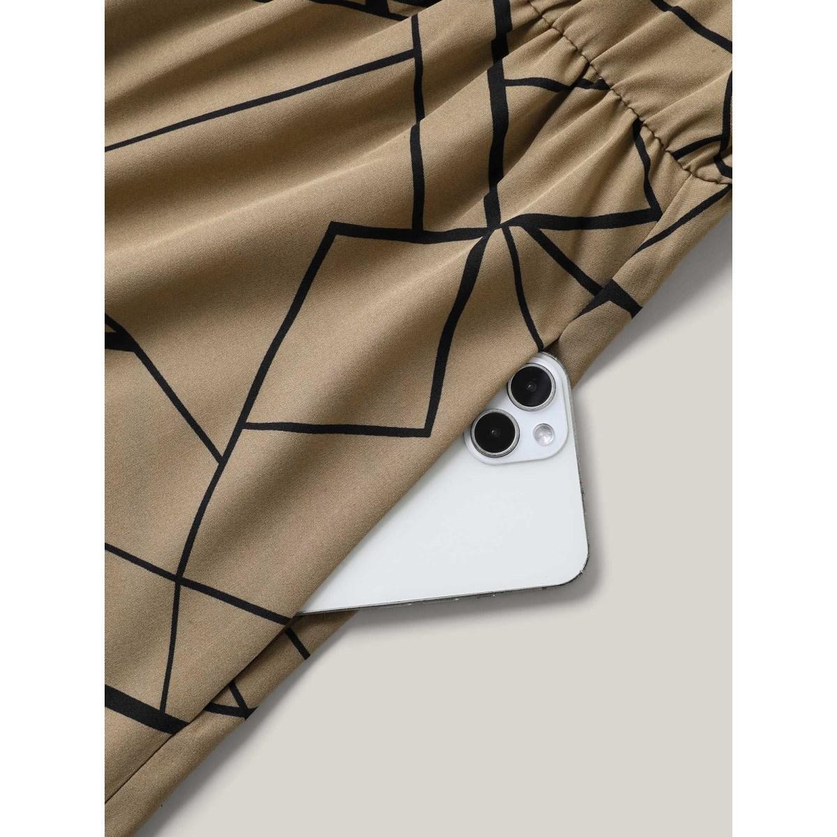 Plus Size Geometric Print Side Tied Midi Dress LightBrown Women At the Office Belted V-neck Sleeveless Curvy BloomChic 18-20/2X Product Image