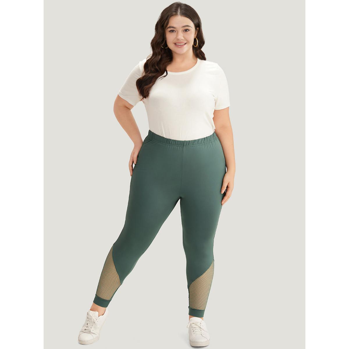 Plus Size Solid Patchwork Cut Out Elastic Waist Leggings Women DarkGreen Casual High stretch Skinny High Rise Dailywear Leggings BloomChic 18-20/2X Product Image