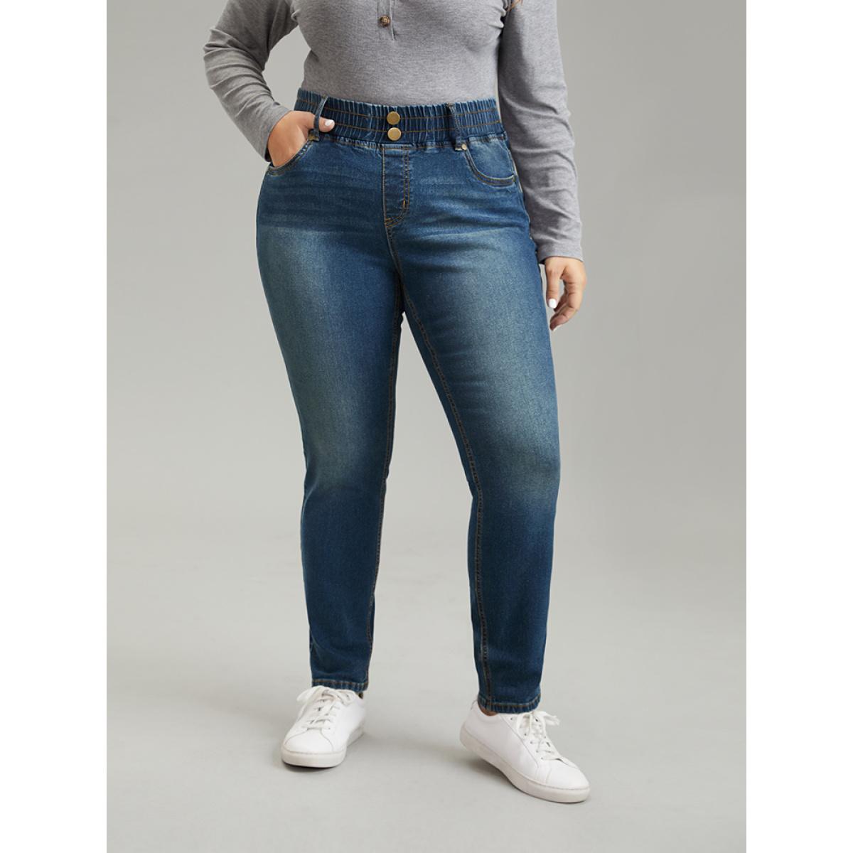 Plus Size Elastic Waist Button Detail Skinny Medium Wash Jeans Women Indigo Casual Plain Plain High stretch Pocket Jeans BloomChic 28/5X Product Image