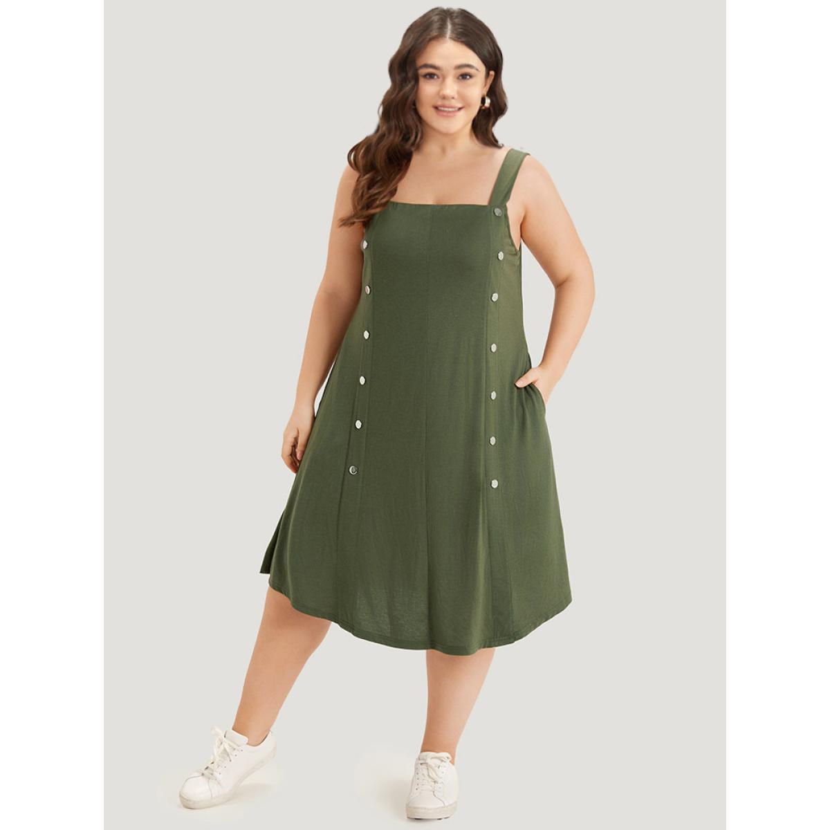 Plus Size Plain Button Detail Pocket Curved Hem Cami Dress ArmyGreen Women Casual Plain Spaghetti Strap Sleeveless Curvy Midi Dress BloomChic 26/4X Product Image