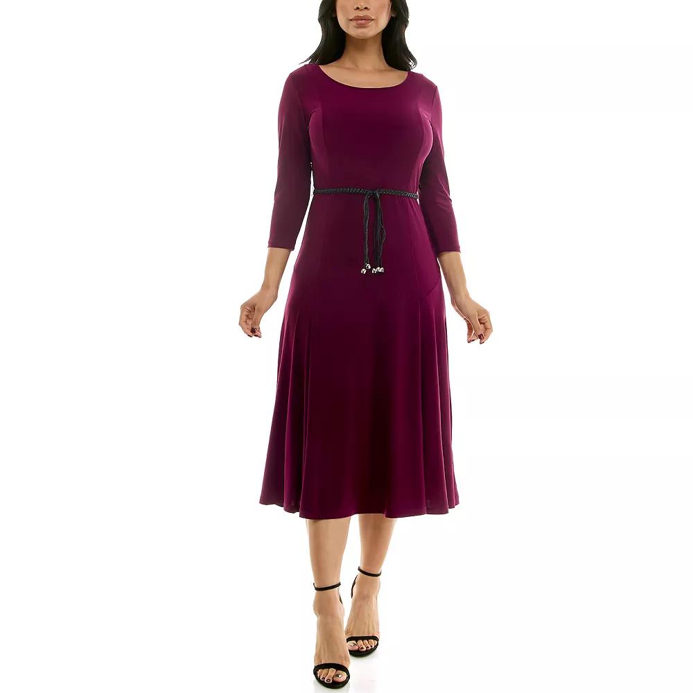 Women's Nina Leonard Sylvia Three-Quarter Sleeve Belted Midi Dress,  Product Image