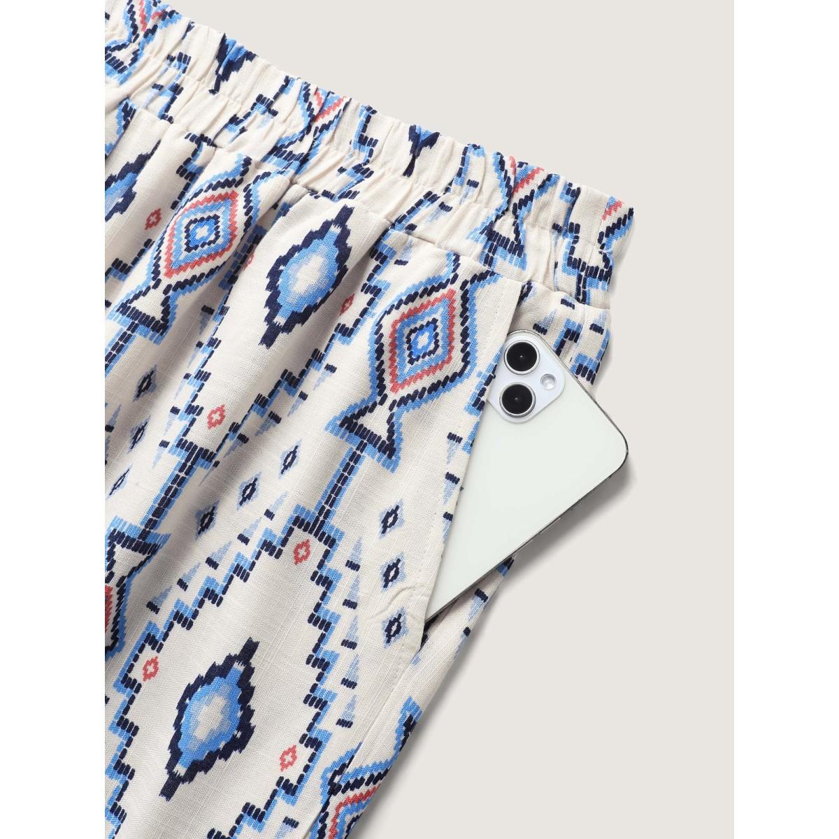 Plus Size Boho Print Pockets Wide-Leg Pants Women LightBlue Resort Wide Leg Mid Rise Vacation Pants BloomChic 22-24/3X Product Image