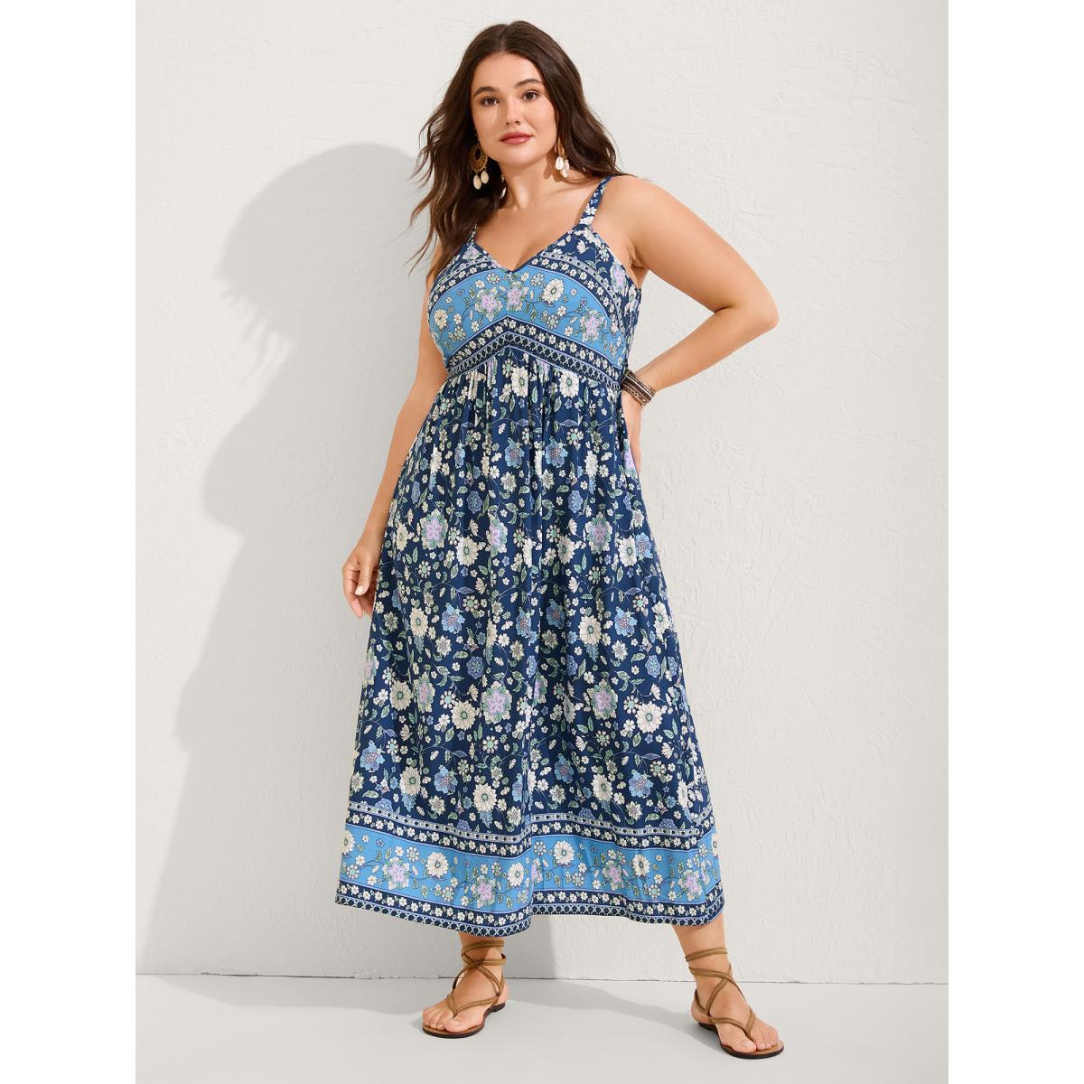 Plus Size Floral Print Contrast Cami Midi Dress Navy Women V-neck Sleeveless Curvy BloomChic 22-24/3X Product Image