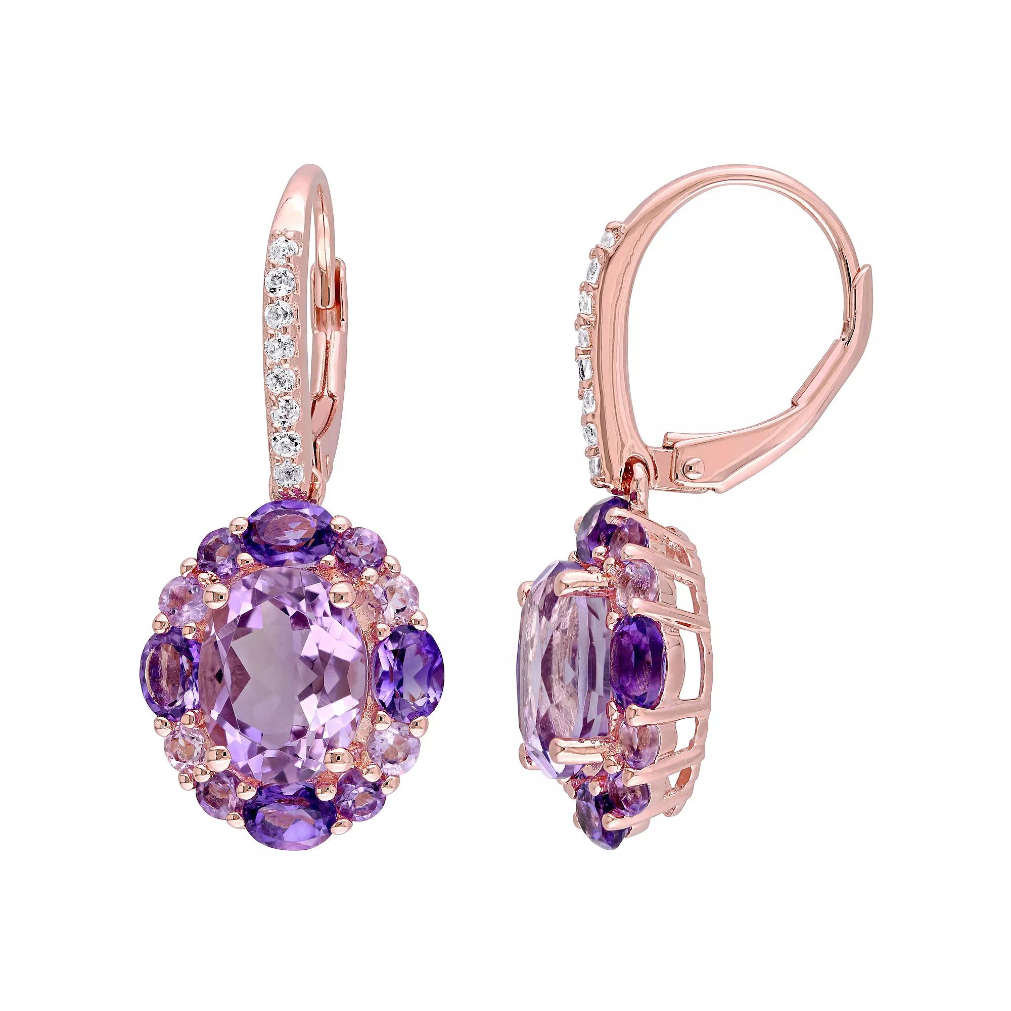 Stella Grace 18k Rose Gold Over Sterling Silver Multi-Amethyst, Rose de France & White Topaz Floral Leverback Earrings, Women's, Rose Gold Tone Product Image