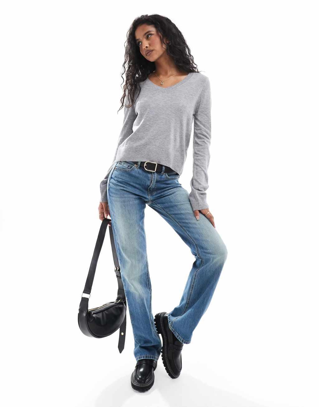 Stradivarius v neck sweater in gray Product Image