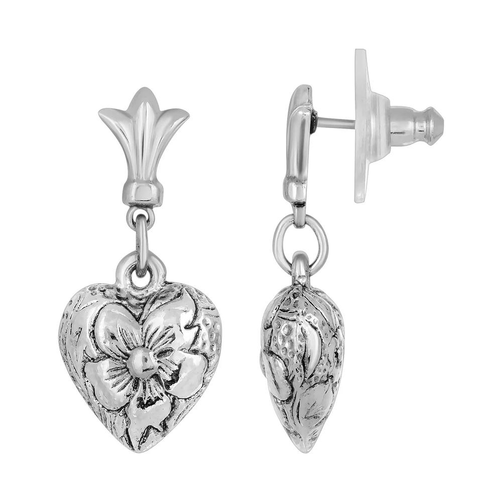 1928 Silver-Tone Textured Heart Drop Earrings, Womens, Silver Tone Product Image