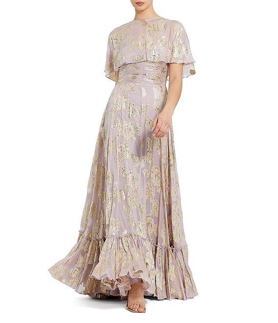 Mac Duggal Illusion Crew Neck Capelet Sleeve Embroider Chiffon Gown Product Image