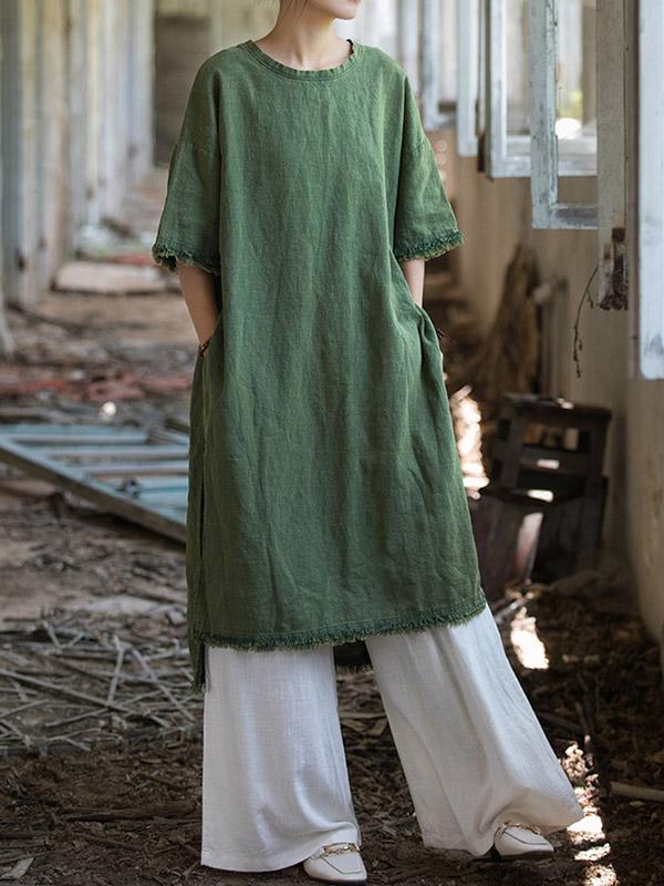 Half Sleeves High-low Fringed Solid Color Split-Joint Split-side Round-neck Midi Dresses Product Image