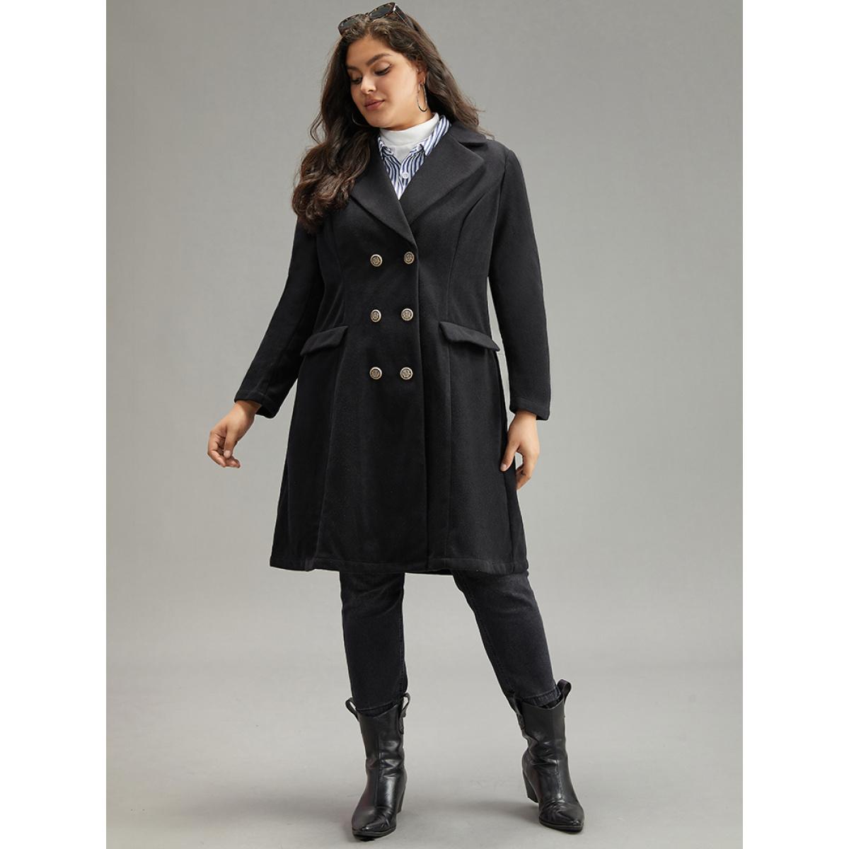 Plus Size Lapel Collar Double Breasted Pocket Coat Women Black Casual Plain Ladies Dailywear Winter Coats BloomChic 18-20/2X Product Image