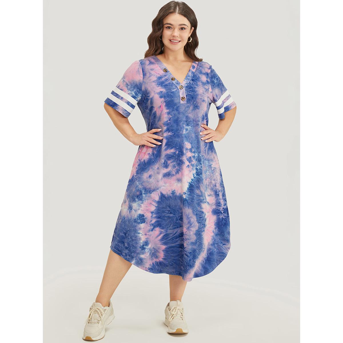 Plus Size Tie Dye & Striped Button Detail Pocket Arc Hem Dress Blue Women Casual Printed V-neck Short sleeve Curvy Midi Dress BloomChic 30/6X Product Image