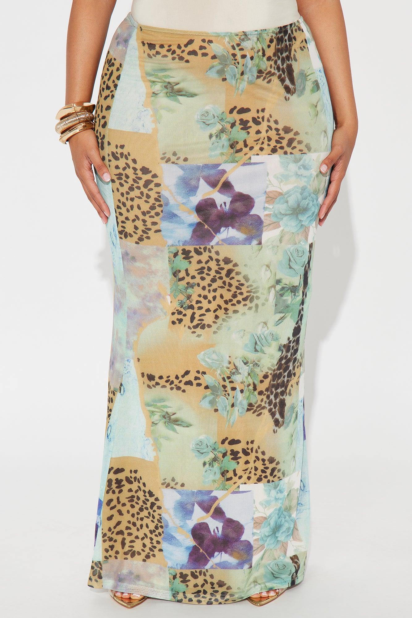 Laila Floral Leopard Print Mesh Maxi Skirt - Green/combo Product Image
