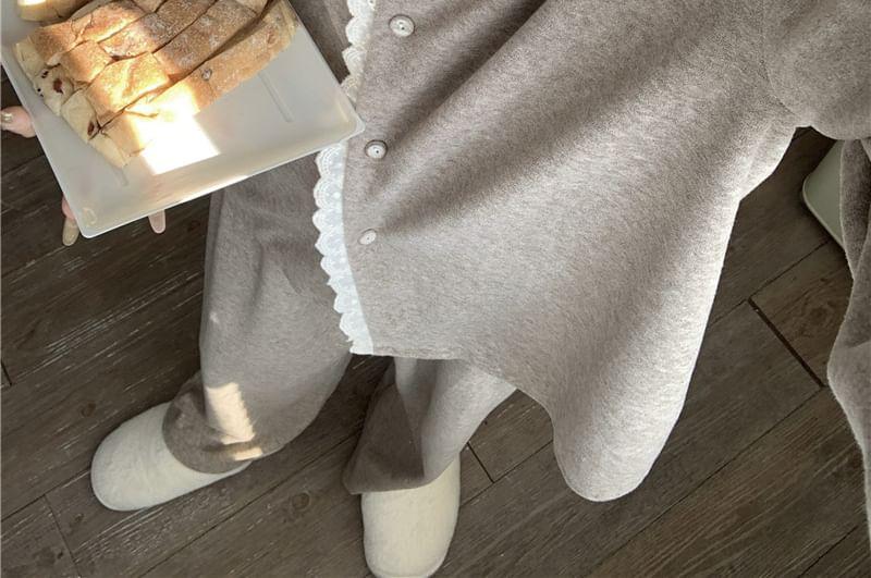 Loungewear Set : Long-Sleeve Lace Trim Shirt + Pants Product Image