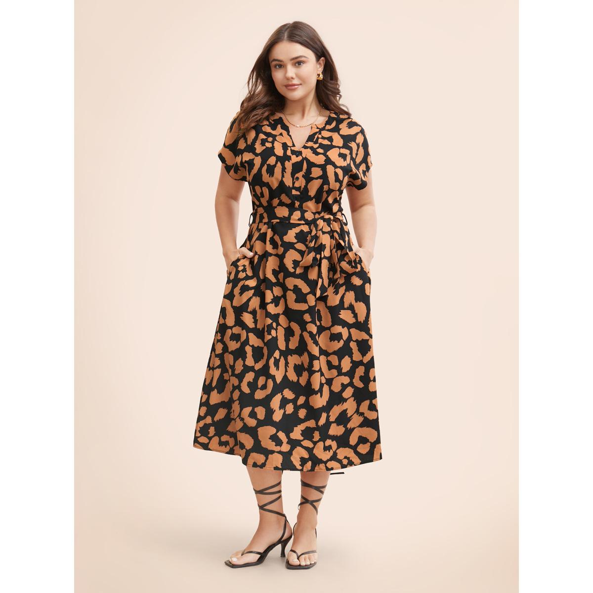Plus Size Leopard Print Notched Button Detail Dress Bronze Women Elegant Belted Flat collar with V-notch Short sleeve Curvy BloomChic 28/5X Product Image