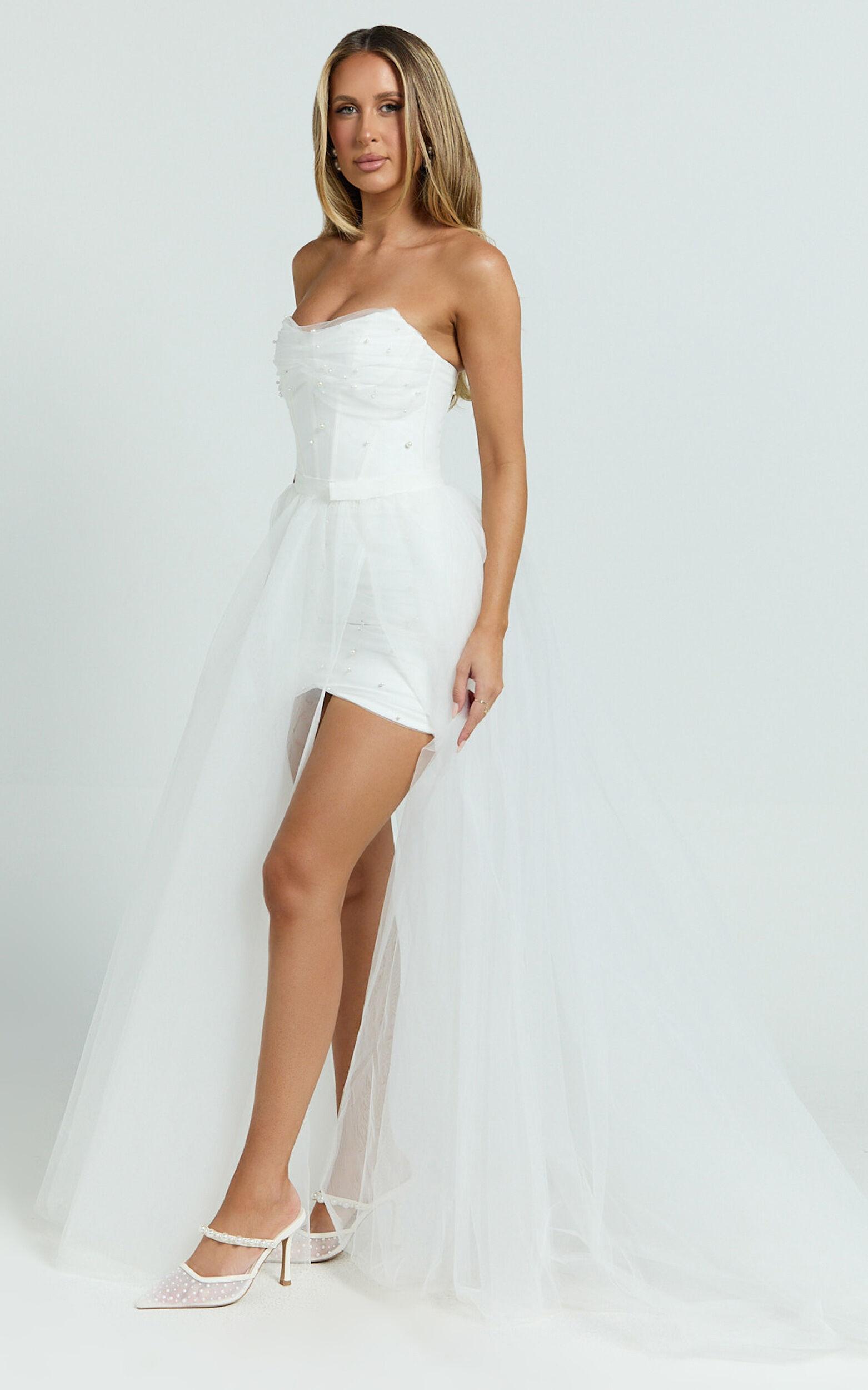 Kelsey Mini Dress - Beaded Strapless Corset Panel Dress with Detachable Tulle Skirt in White Product Image