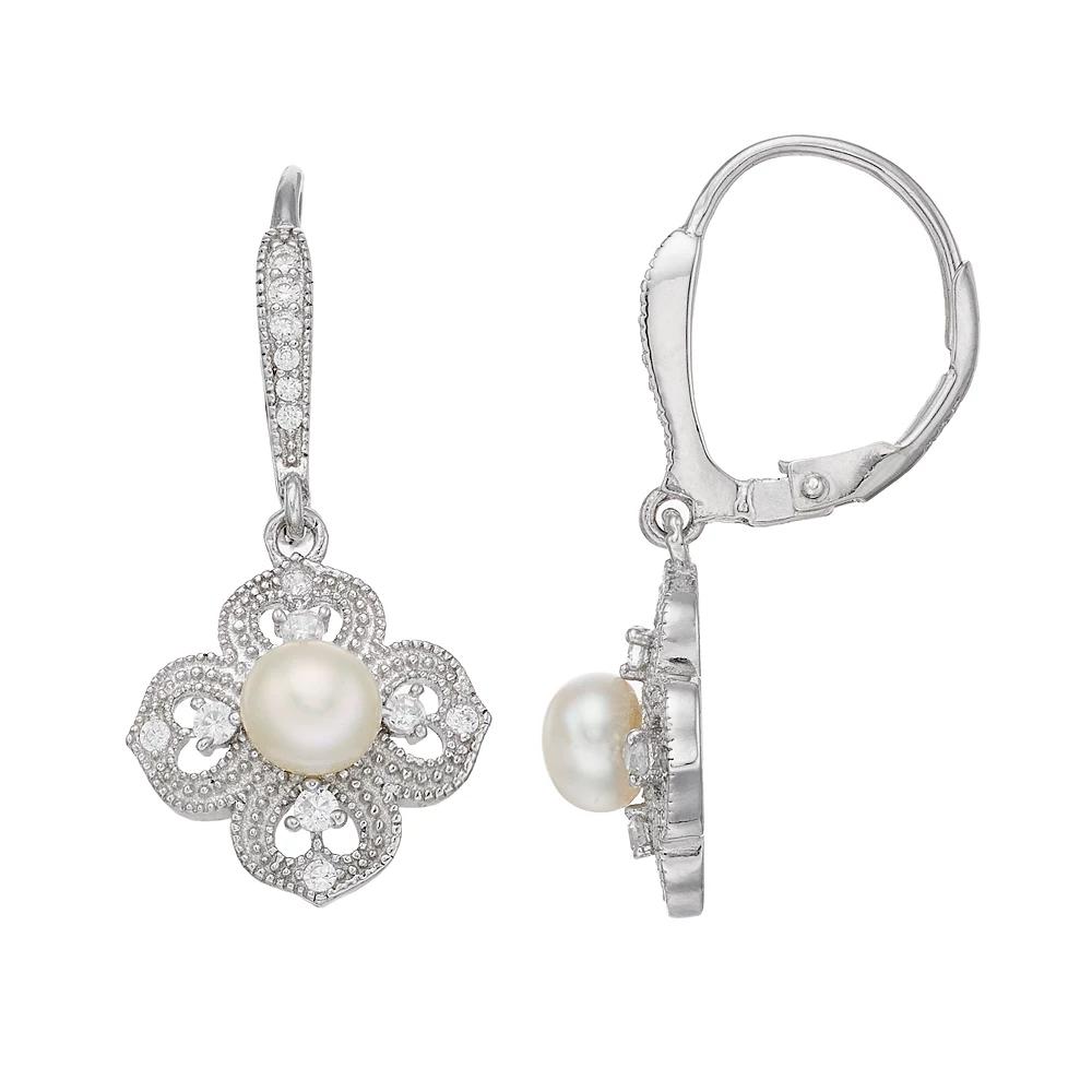 Sterling Silver Freshwater Cultured Pearl & Cubic Zirconia Flower Drop Earrings, Women's Product Image