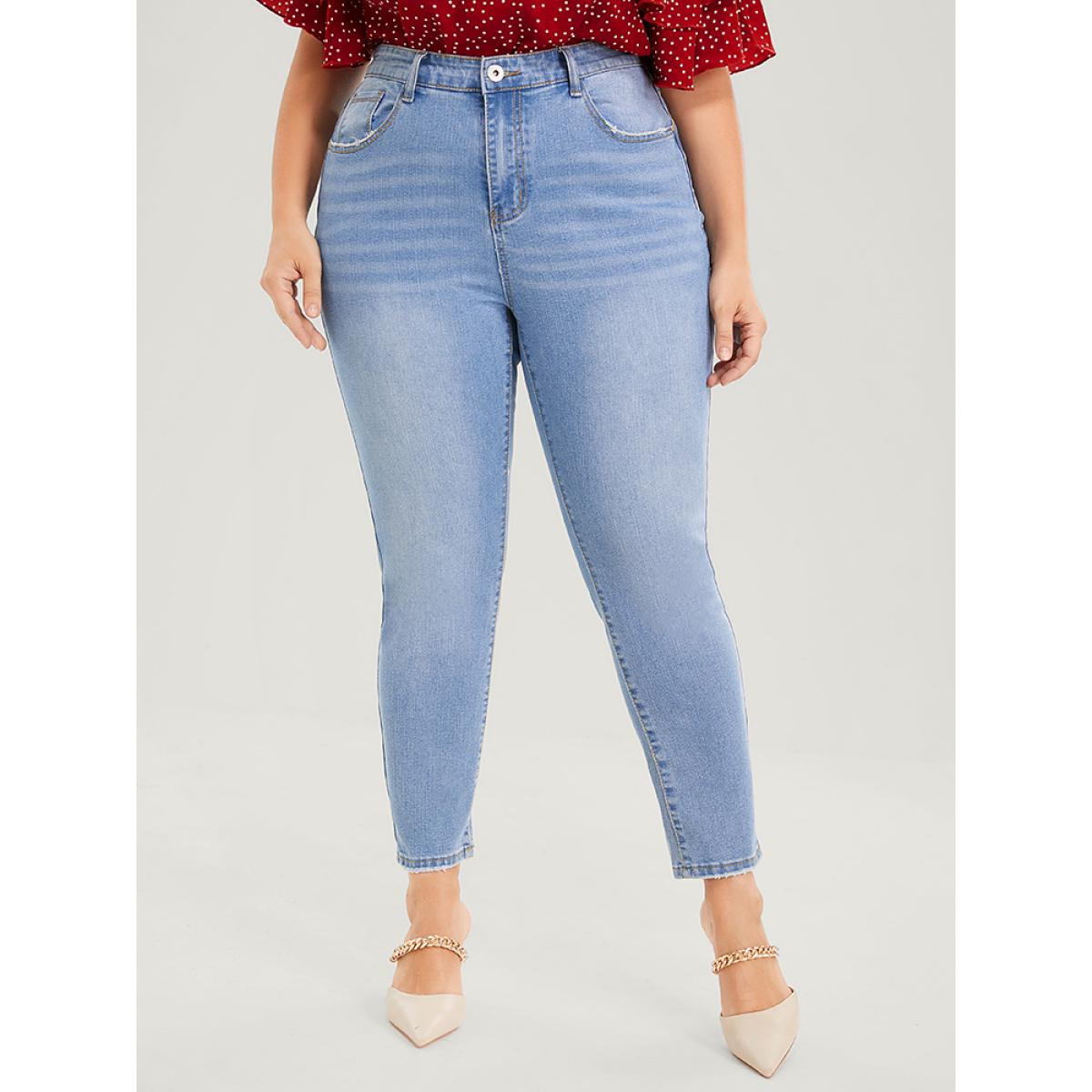 Plus Size Straight Very Stretchy Mid Rise Light Wash Jeans Women LightBlue Casual Plain Pocket High stretch Pocket Jeans BloomChic 24/3X Product Image