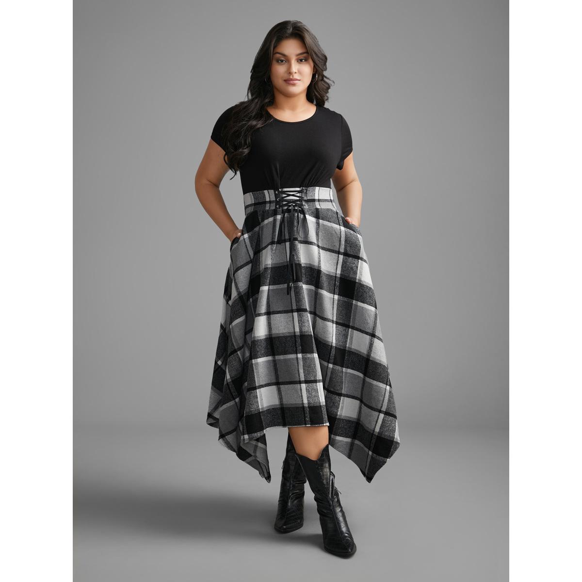 Plus Size Elastic Plaid Asymmetrical Hem Dress Black Women Cocktail Wraparound straps Party Curvy Bloomchic 22-24/3X Product Image