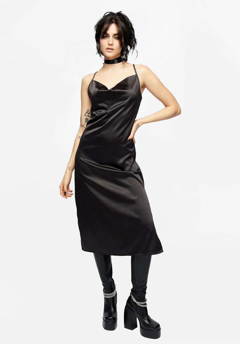 Medeina Cowl Neck Satin Midi Slip Dress - Midnight Black Product Image