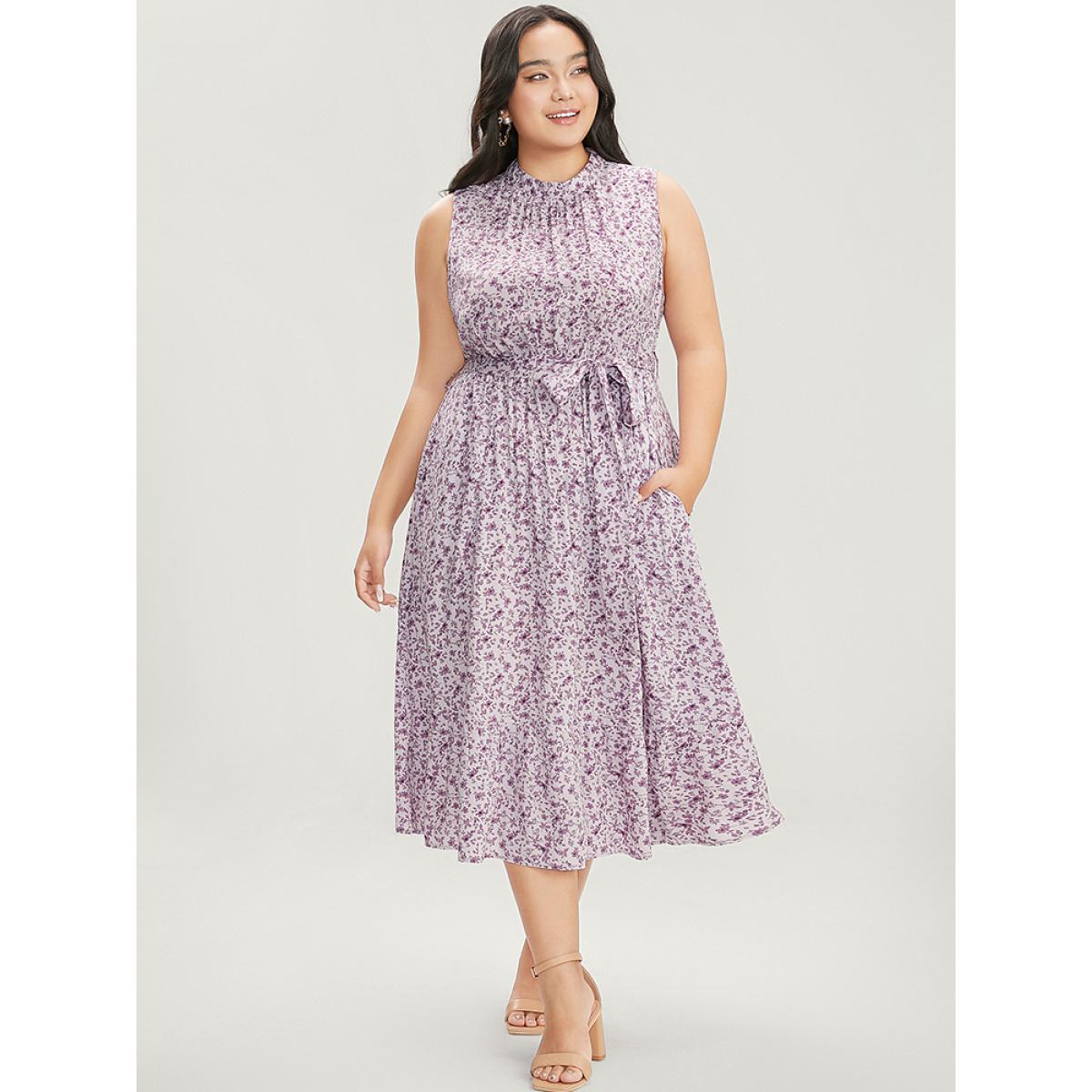 Plus Size Ditsy Floral Keyhole Pocket Belted Mock Neck Ruffles Dress Lavender Women Elegant Pocket Mock Neck Sleeveless Curvy Midi Dress BloomChic 22-24/3X Product Image