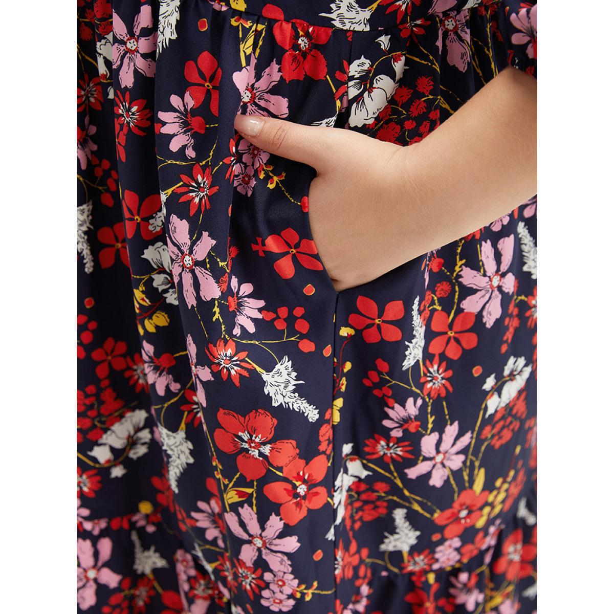 Plus Size Floral Print Shirt Collar Ruffled Hem Dress DarkBlue Women Elegant Elastic cuffs Shirt collar Elbow-length sleeve Curvy Midi Dress BloomChic 14-16/1X Product Image