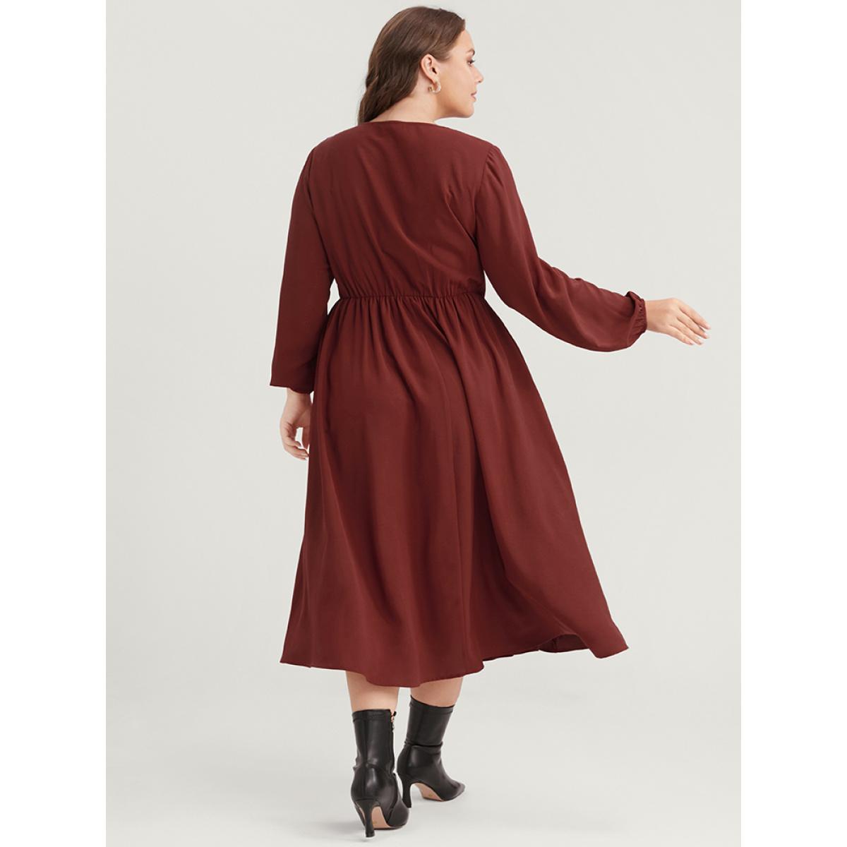 Plus Size Solid Pocket Lace Insert Lantern Sleeve Flutter Dress Scarlet Women Elegant V-neck Long Sleeve Curvy Midi Dress BloomChic 10/M Product Image