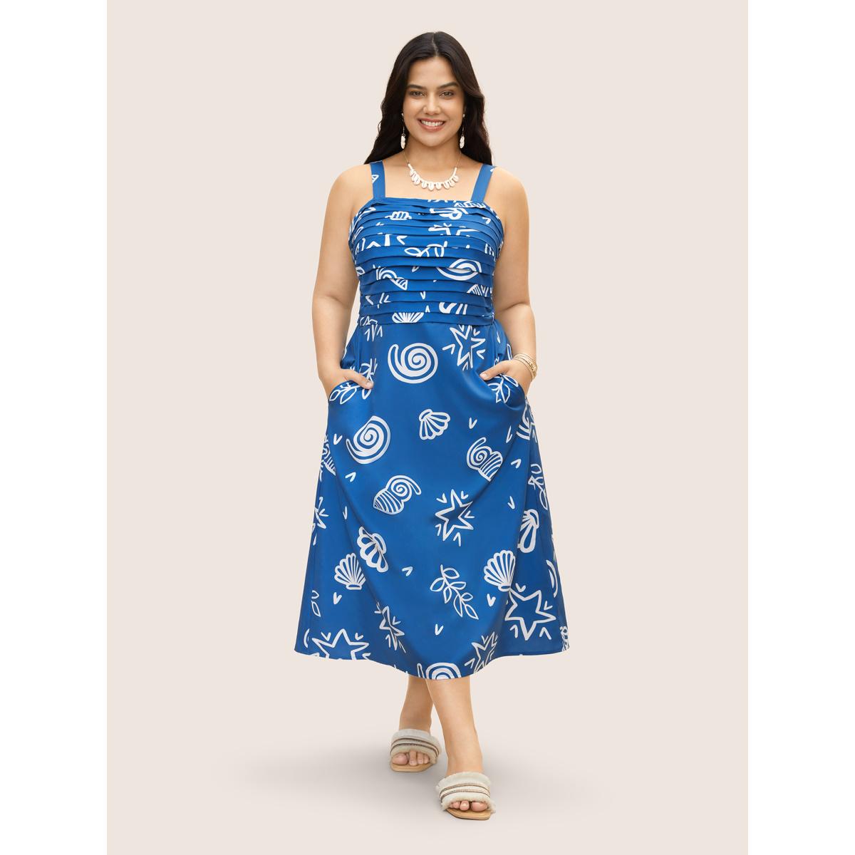 Plus Size Marine Elements Pleated Slit Hem Dress Mediumblue Women Resort Pleated Square Neck Sleeveless Curvy BloomChic 18-20/2X Product Image