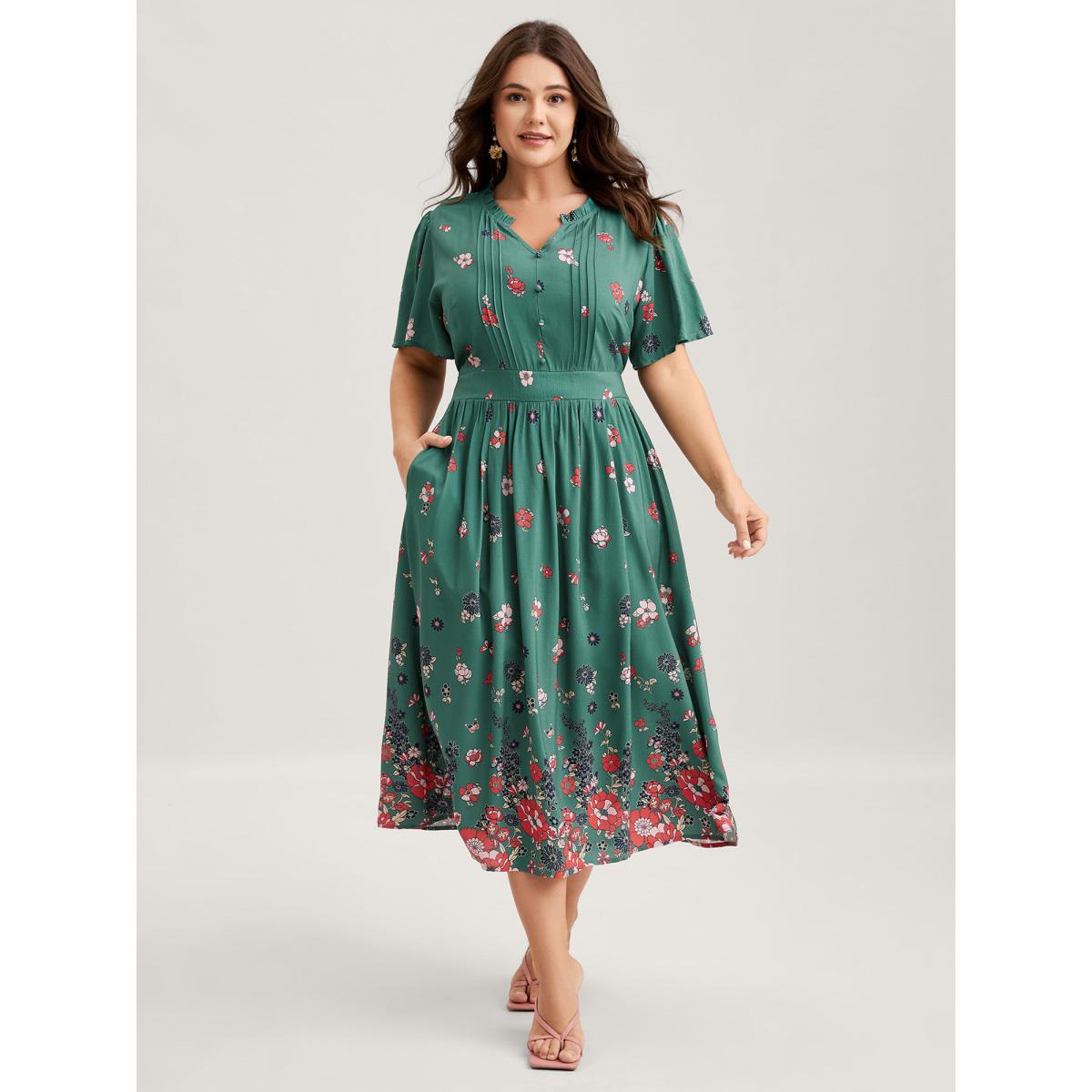 Plus Size Floral Pleated Notched Collar Midi Dress Emerald Women Flat collar with V-notch Short sleeve Curvy BloomChic 22-24/3X Product Image