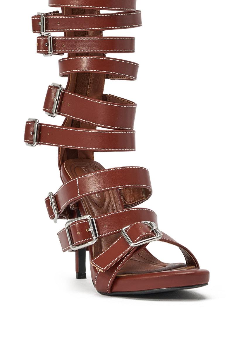 AZALEA WANG STITCH BROWN PU HARDWARE EMBELLISHED STILETTO SANDAL Product Image