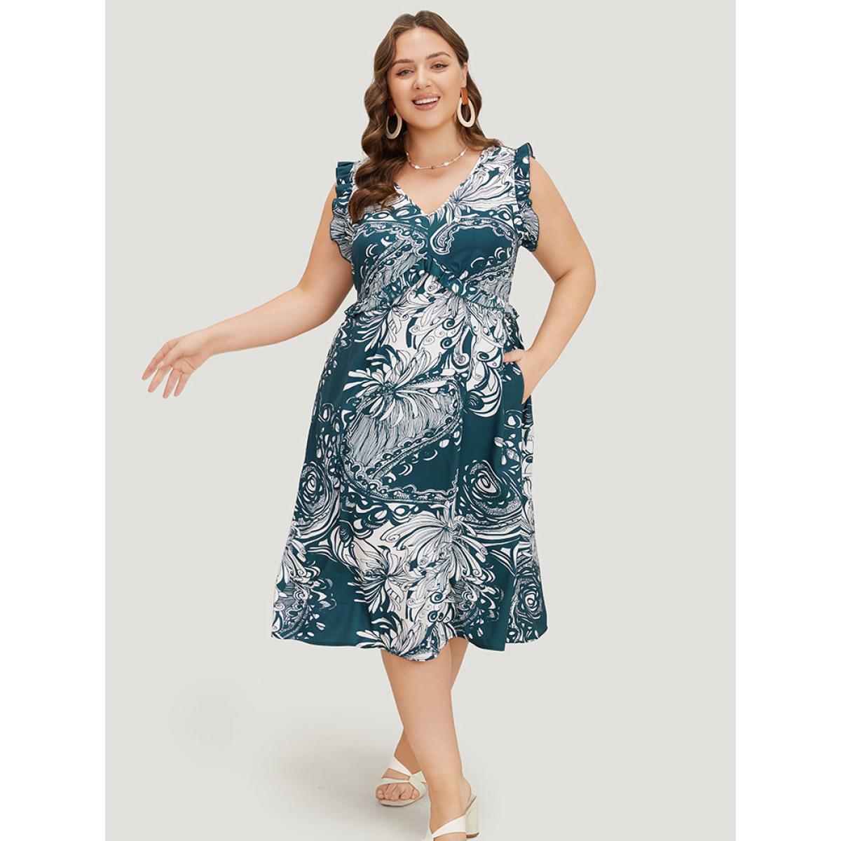 Plus Size Floral Print Sleeveless Pocket V Neck Frill Trim Dress DarkBlue Women Elegant Ruffles V-neck Sleeveless Curvy Midi Dress BloomChic 12/L Product Image