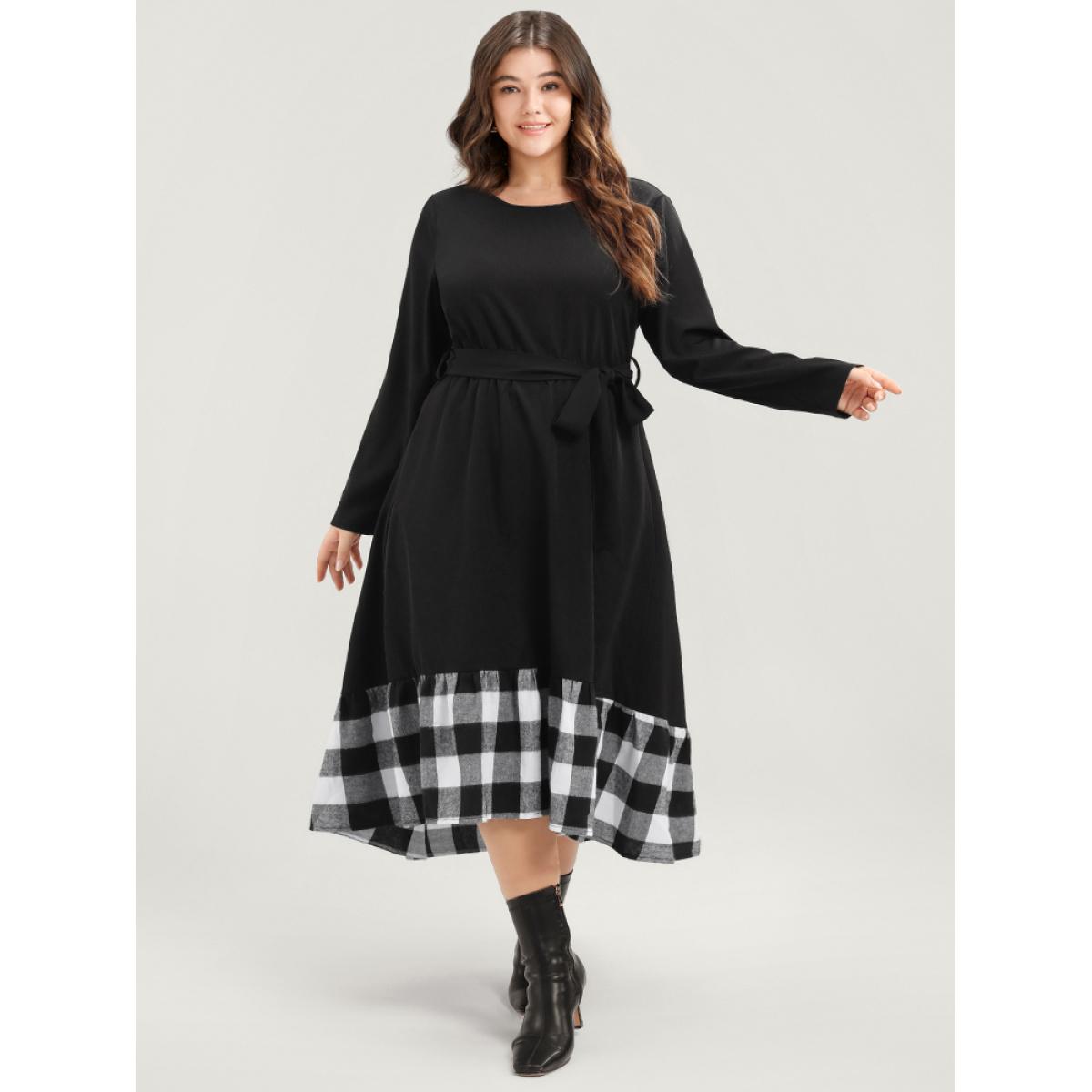Plus Size Plaid Patchwork Pocket Belted Asymmetrical Hem Dress Black Women Elegant Belted Round Neck Long Sleeve Curvy Midi Dress BloomChic 30/6X Product Image