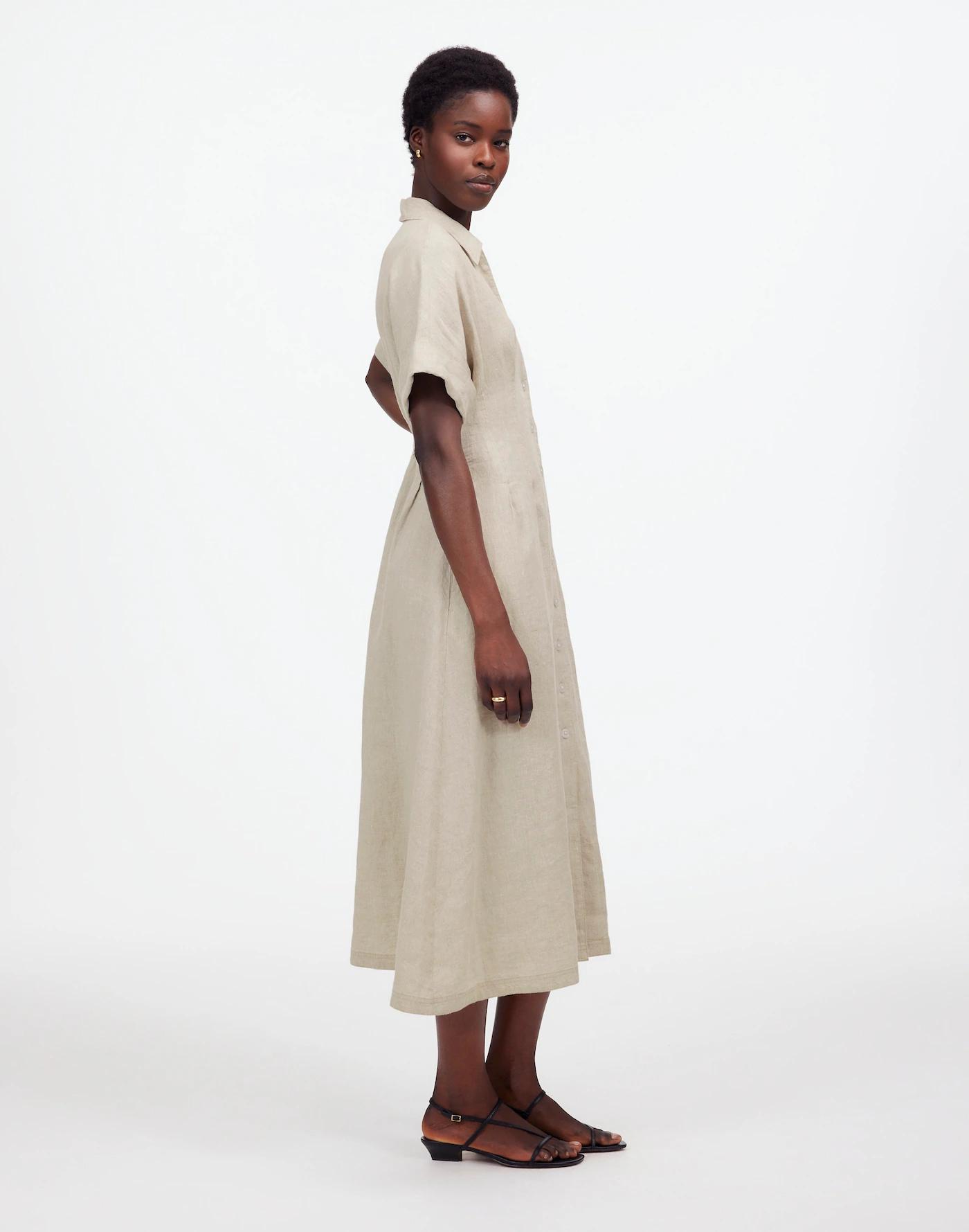 Petite Pleated Button-Front Midi Shirtdress in 100% Linen Product Image
