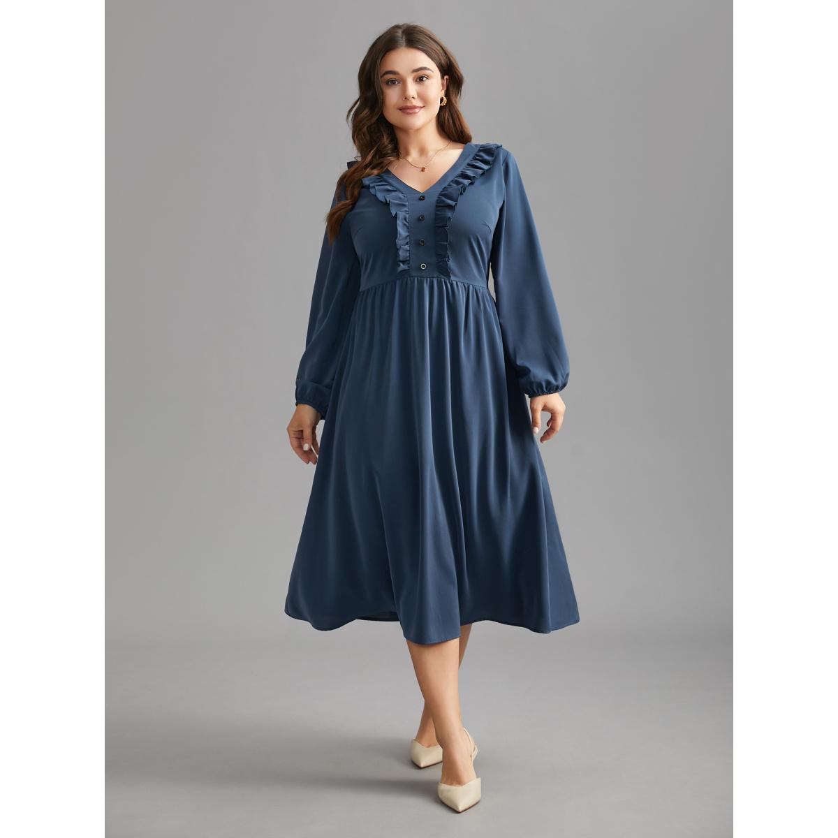 Plus Size Solid Ruffle Trim Elastic Waist Midi Dress DarkSlateGray Women Timeless Frill Trim V-neck Long Sleeve Curvy BloomChic 28/5X Product Image
