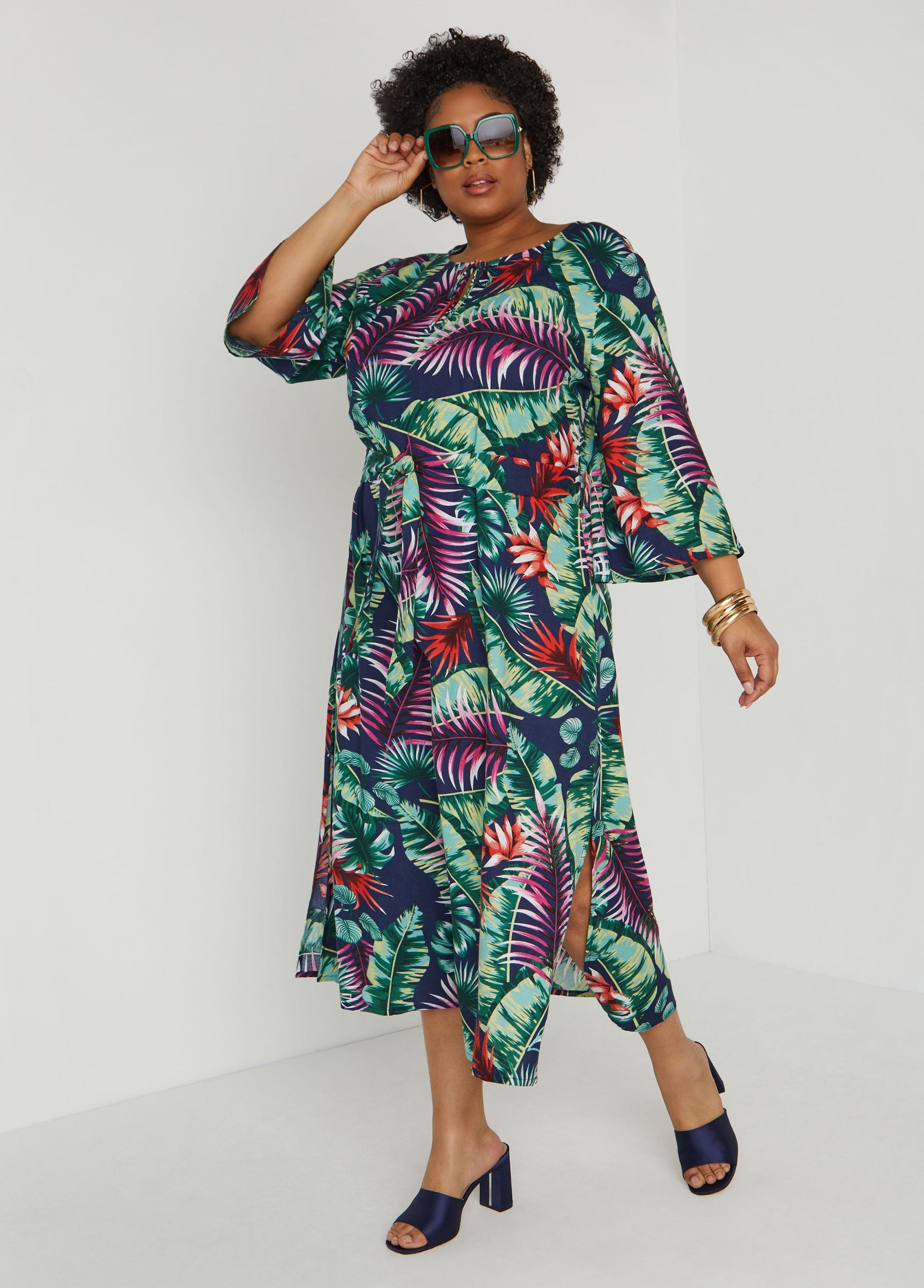 Plus Size Belted Tropical Print Maxi Dress Ashley Stewart Product Image
