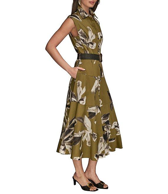Donna Karan Blurred Floral Stretch Sateen Cap Sleeve Belted Button Front Midi Dress Product Image