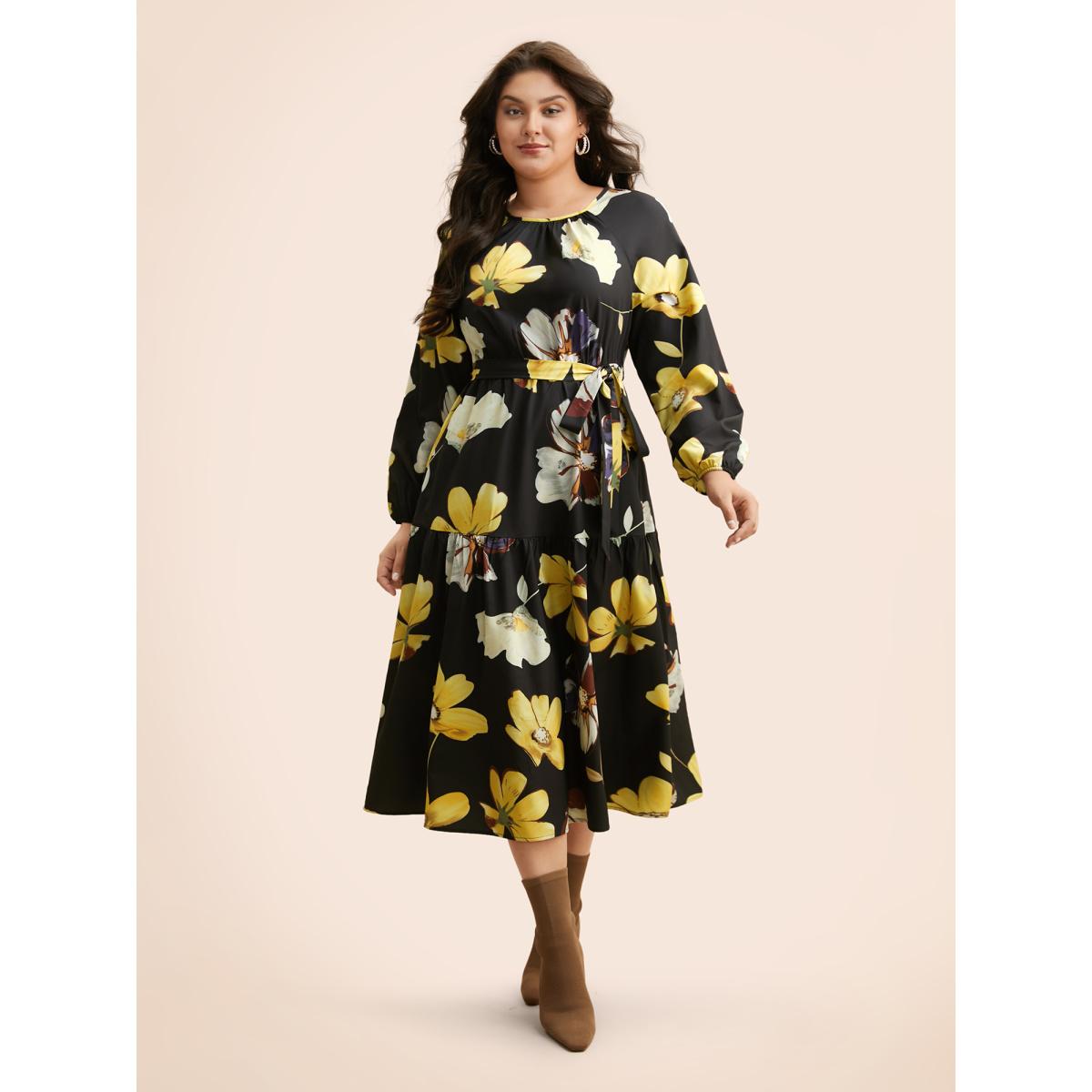 Plus Size Floral Round Neck Gathered Belted Dress Black Women Elegant Gathered Round Neck Long Sleeve Curvy BloomChic 30/6X Product Image