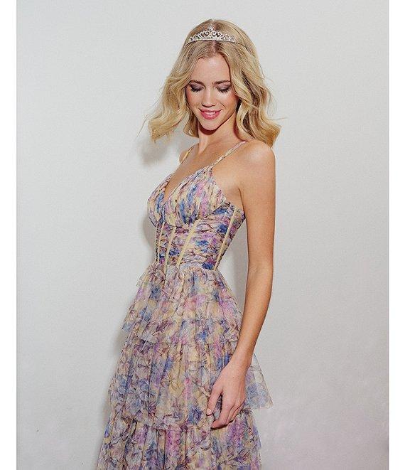 Blondie Nites Floral Mesh V-Neck Spaghetti Strap Corset Tiered A-Line Dress Product Image