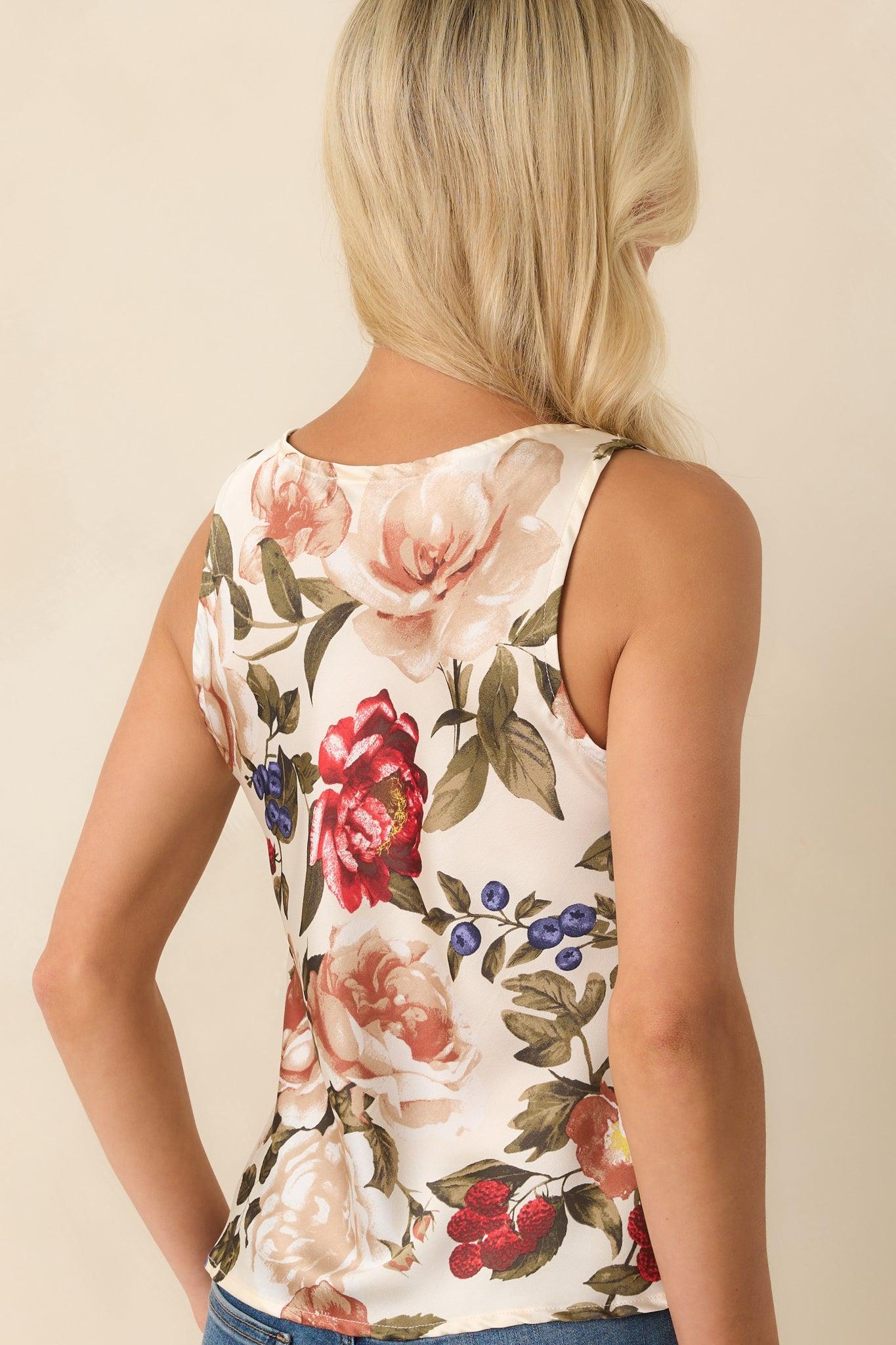 Something Extra Ivory Floral Multi Print Satin Cinched Top Product Image