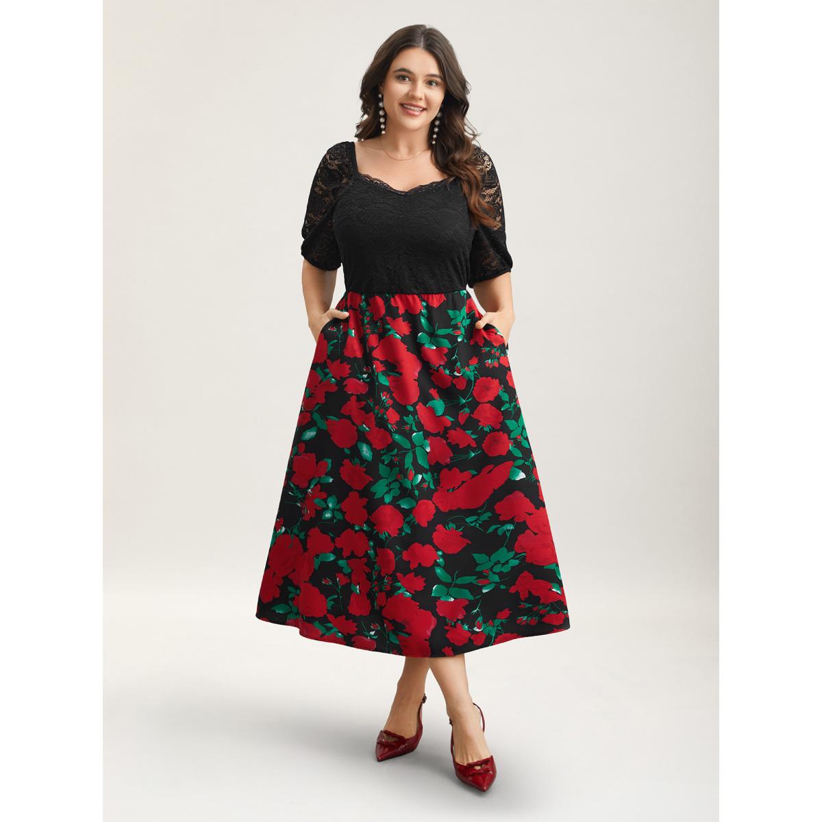 Plus Size Mix Print Sheer Lace Sleeve Maxi Dress Black Women Elegant Woven ribbon&lace trim Heart neckline Short sleeve Curvy BloomChic 28/5X Product Image